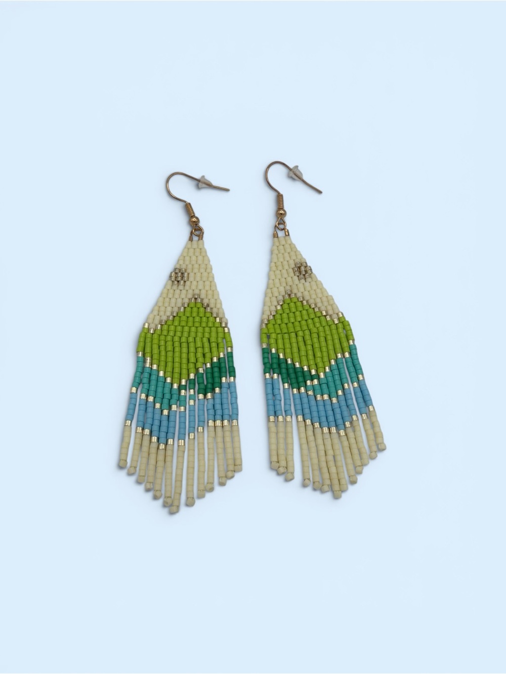 Handmade Green & Blue Beaded Fringe Earrings Canadian Artisan Jewelry